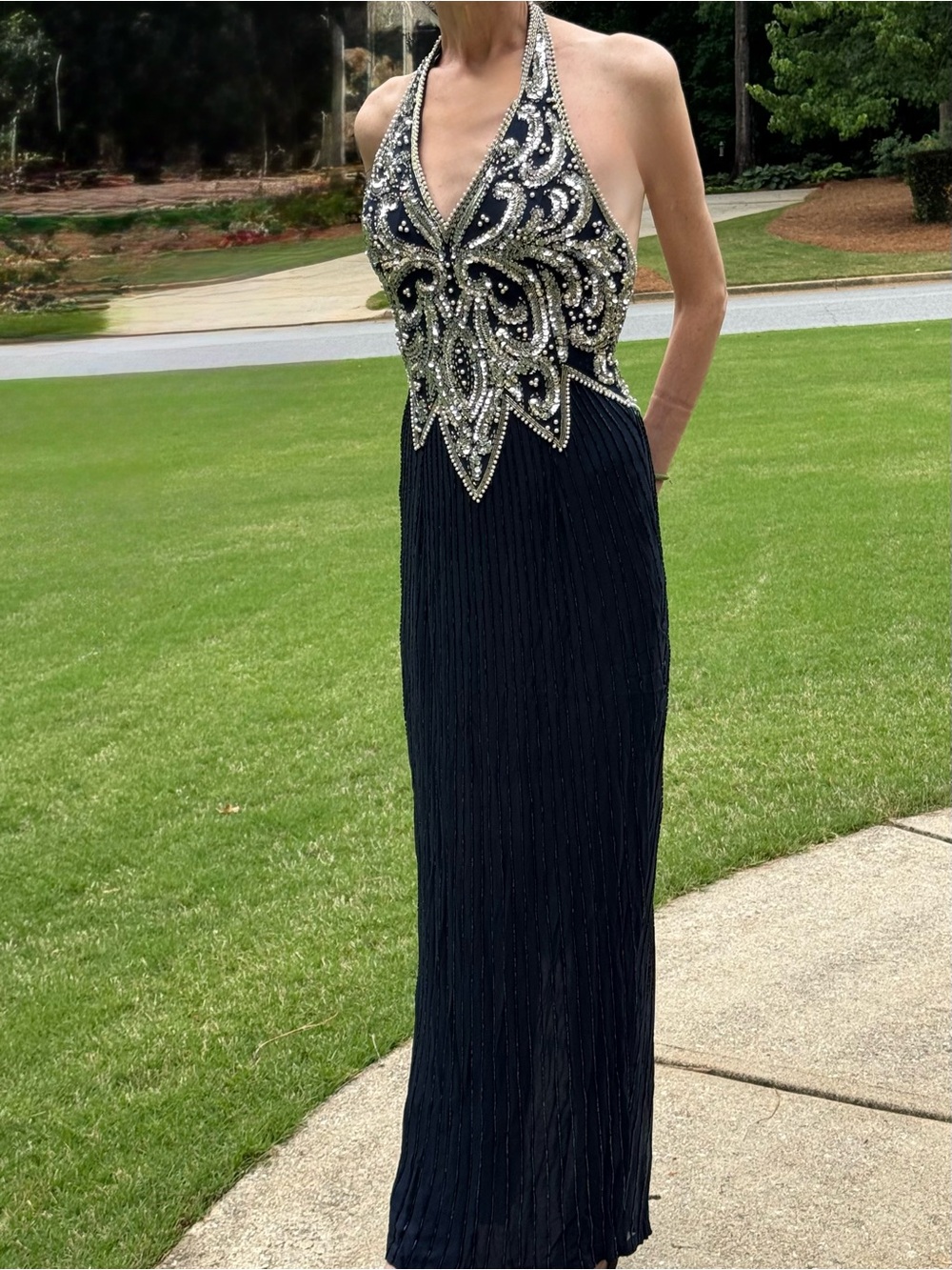 Niteline Navy and Silver Beaded Halter Backless Evening Gown